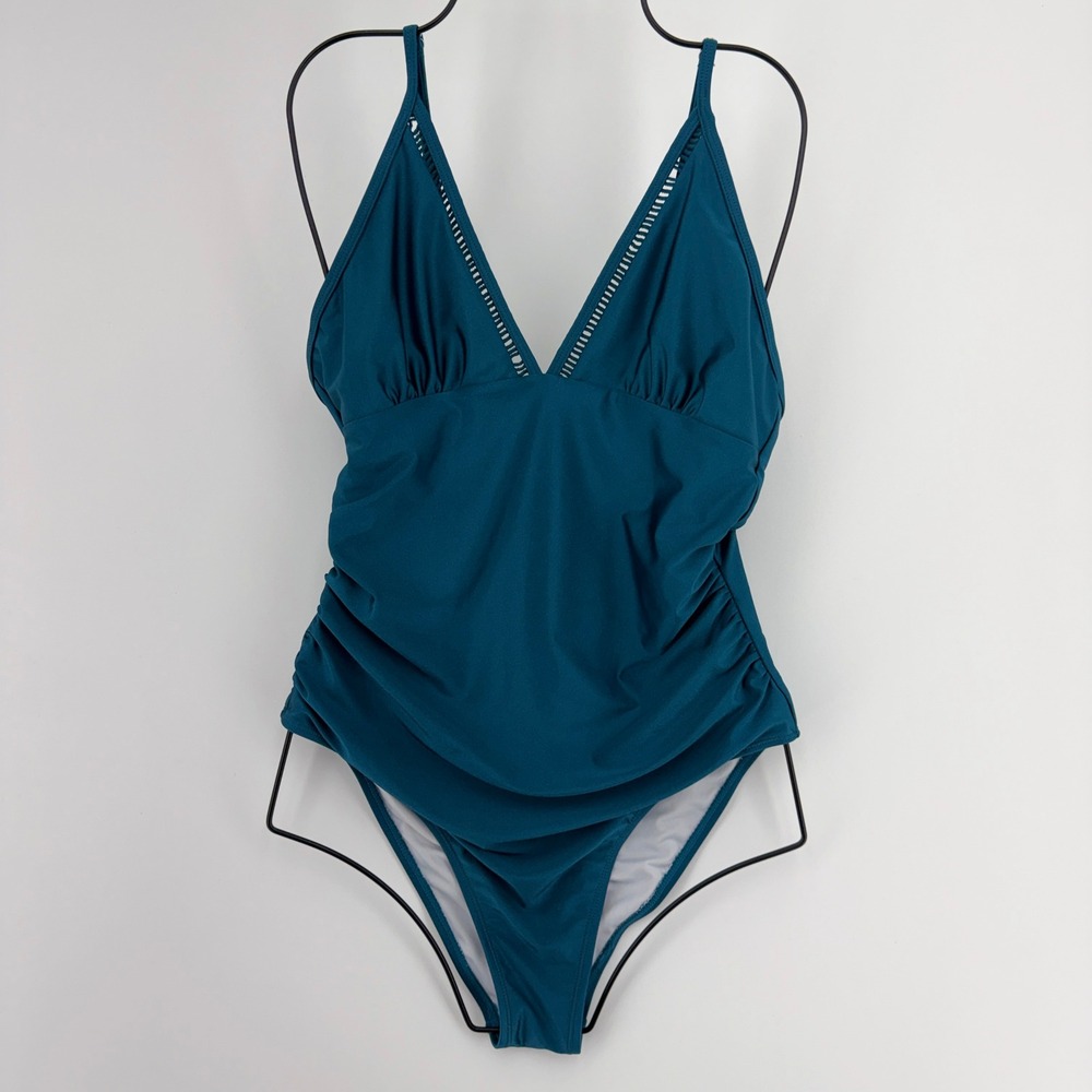 Cupshe Teal Blue V-Neck One Piece Swimsuit Crochet Trim Ruched AA20011L Medium